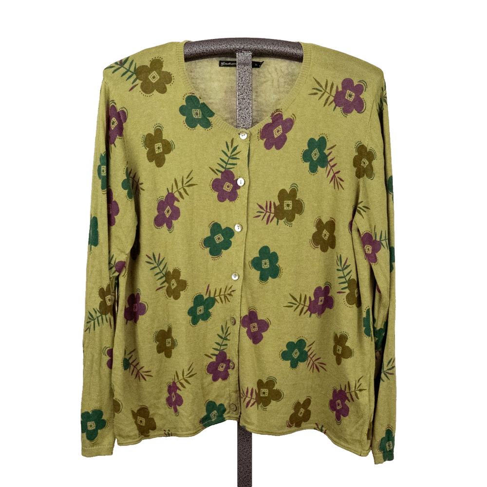 Gudrun Sjoden Linen-Cotton Cardigan XL Floral Whimsical Cottage Artsy Lagenlook